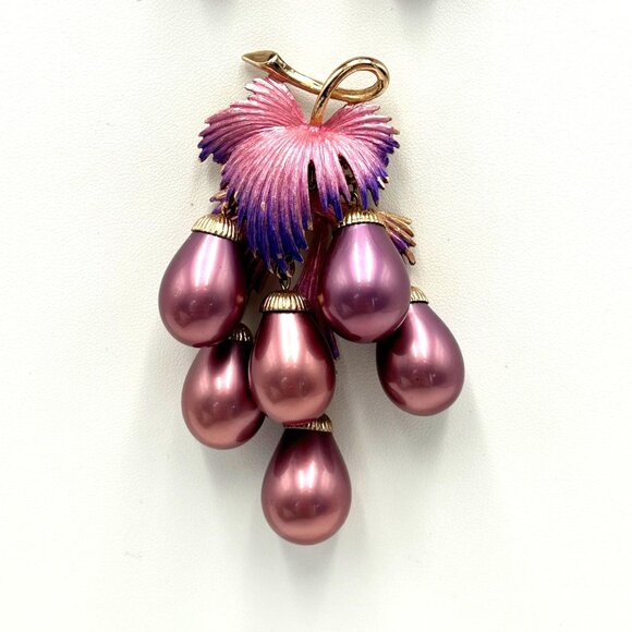 VTG Grape Cluster Brooch & Clip-On Earrings SET I Purple & Gold Enamel Granny - Picture 3 of 9